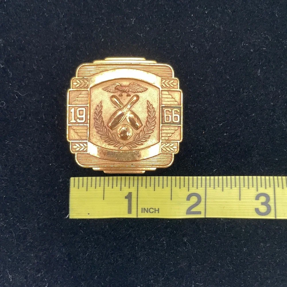 Vintage Gold Tone Metal Mens OS 1966 Bowling Commemorative Belt Buckle